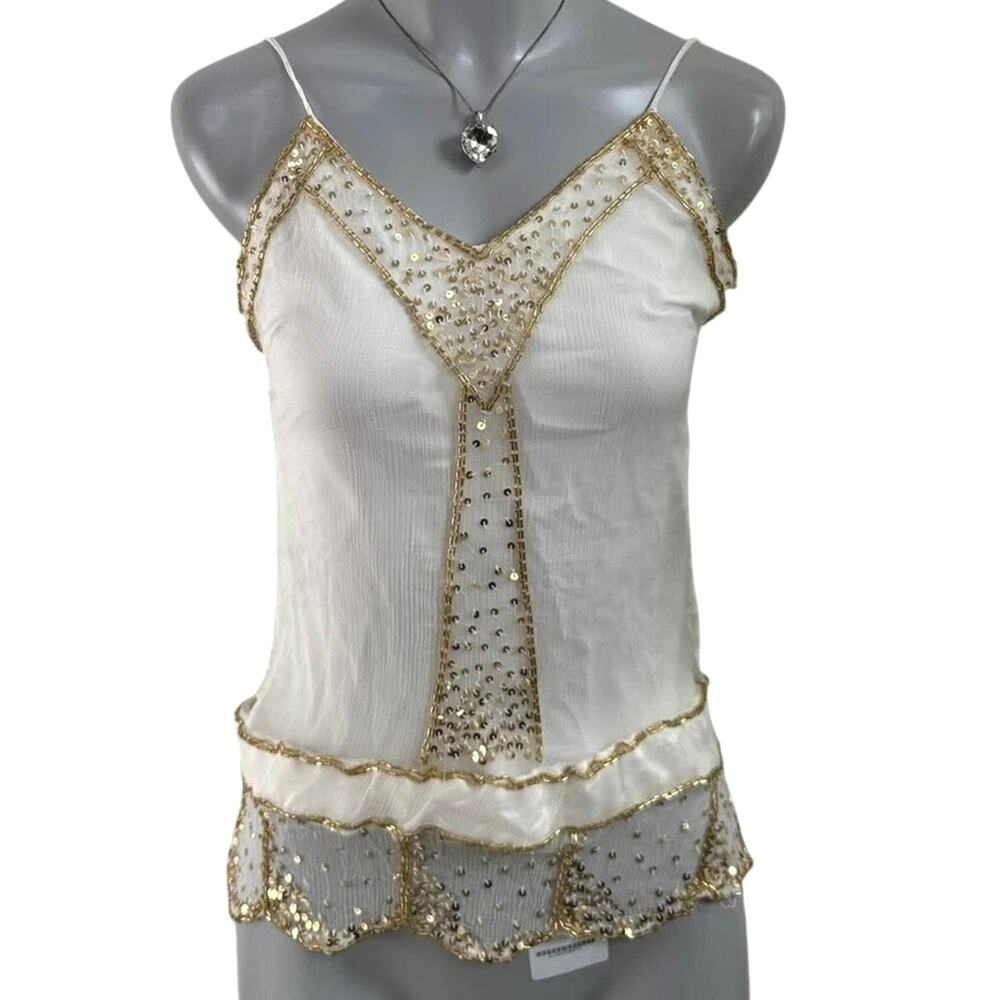 Y2K vintage XOXO sequin cami top beaded strappy double layer medium white tank